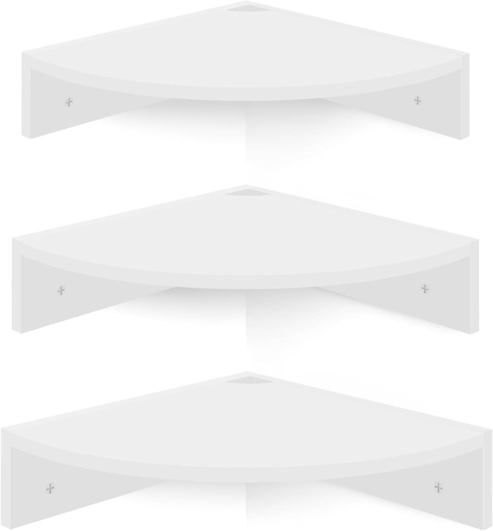 Floating Corner Shelves, Set of 3 Wood Corner Wall Shelves with Wire Hole, 12 Inch Deep Hanging Corner Display Shelf for Living Room, Kitchen, Bedroom, White