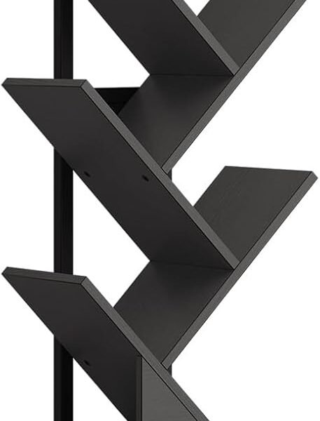 Tree Bookshelf, 6 Tier Bookcase with 2 Storage Racks, Free Standing Wooden Bookcase, Floor Standing Book Shelf Organizer for Living Room, Bedroom, Study, Home Office, Black