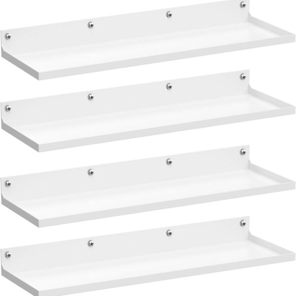 4 Pack Metal Floating Shelves, 17x6 Inch Large Wall Mounted Shelf for Storage, White Kids Bookshelf, Display Ledge Shelves with Lip for Bathroom, Bedroom, Living Room, Bathroom, Kitchen