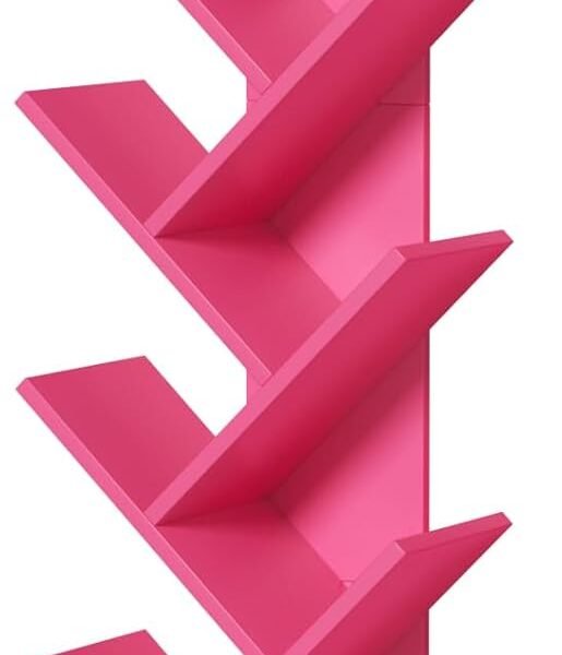 10 Tier Tree Book Shelf, Floor Standing Wood Bookshelf for Narrow Space, Storage Organizer Bookshelves for Books/CDs/Magazine, Bookcase with Shelves for Home Office, Living Room - Pink