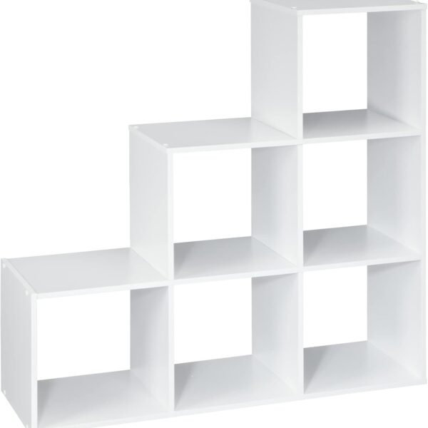 3-2-1 Cube Storage Shelf Organizer Bookshelf, 3 Tier, Steps, Corner Unit, Easy Assembly, Wood, White Finish
