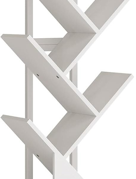 Tree Bookshelf, 6 Tier Bookcase with 2 Storage Racks, Free Standing Wooden Bookcase, Floor Standing Book Shelf Organizer for Living Room, Bedroom, Study, Home Office, White