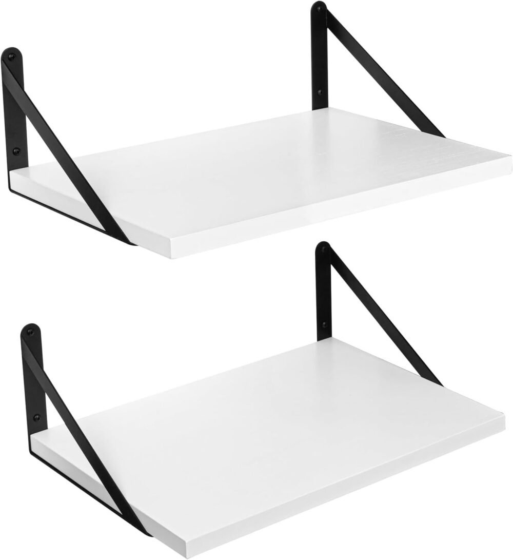 Floating Shelves Wall Mounted Bookshelf for Bedroom Bathroom Living Room Wood Wide Deep Storage, White Painted Wall Shelves Set of 2