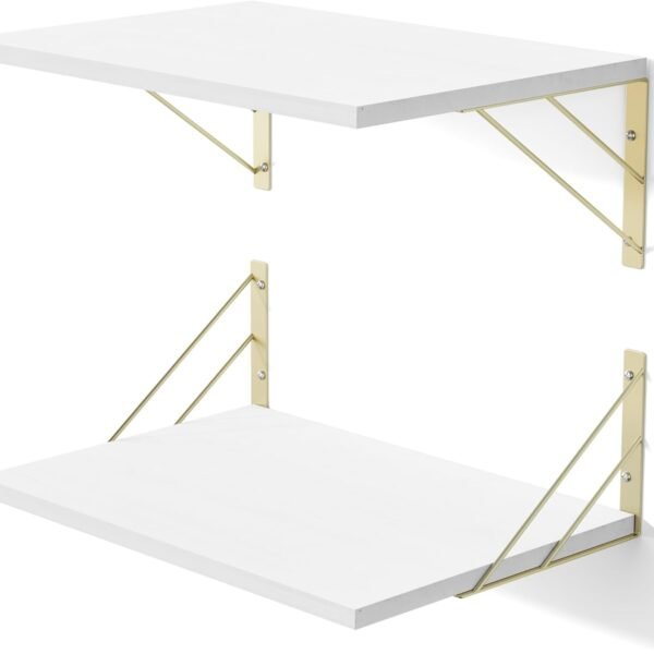 Deep Floating Shelves for Wall, 16" W x 12" D Wall Shelves Set of 2, Rustic Large Wood Hanging Shelves for Storage, Bathroom Bedroom Living Room Kitchen White and Gold