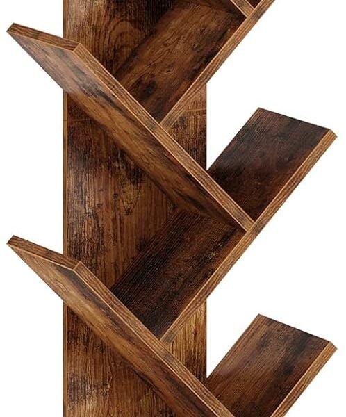 7 Tier Bookshelf with Drawer, Tree Bookshelf, Small Bookshelves with Storage Rack for CDs/Movies/Books, Standing Book Shelf, Tall Narrow Bookcase for Living Room, Bedroom, Rustic Brown