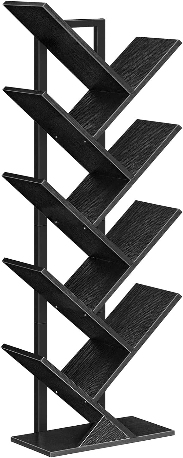 Tree Bookshelf, 9-Tier Bookcase Wooden Shelves, Floor Standing Storage Rack, for Display of CDs, Books in Living Room, Home Office, Wood Storage Rack for Bedroom, Black