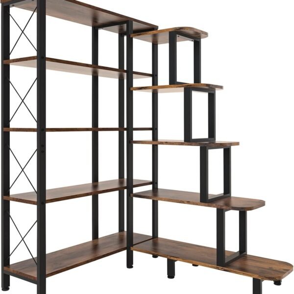 Large Corner Bookshelf Bookcase, Industrial Reversible 5 Tier Ladder Shelves Storage Display Rack with Metal Frame, Modern Home Office Furniture for Living Room Bedroom