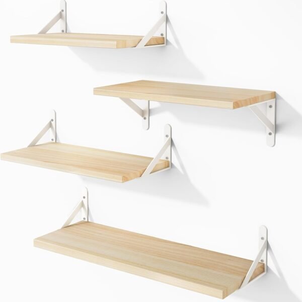 Floating Shelves for Wall, Different Sizes Natural Wood Wall Shelves for Living Room, Bathroom, Bedroom, Kitchen, Home Decor (Set of 4)
