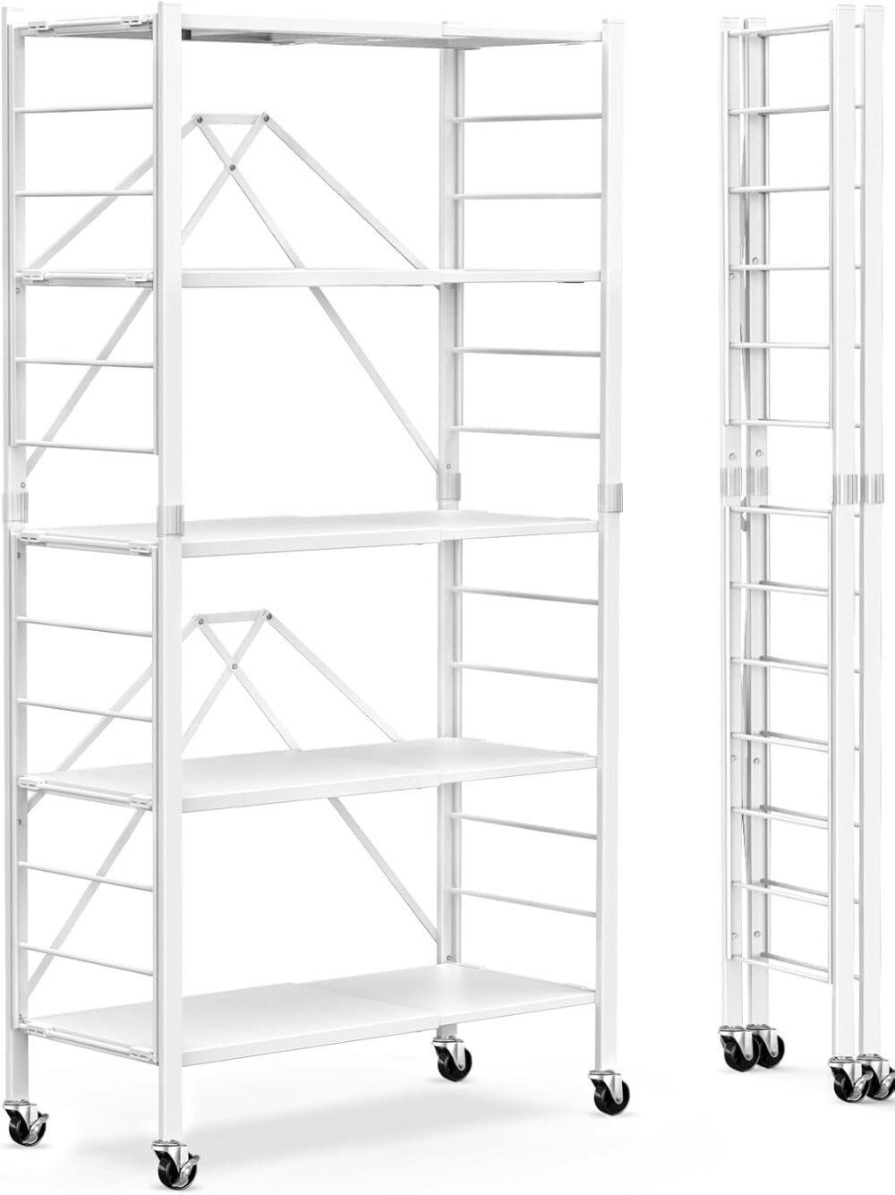 5 Tier Foldable Storage Shelves, Expandable Folding Pantry Shelf with Wheels, Changeable into 2 Shelf Units, Collapsible Storage Rack Metal Shelves for Kitchen, Room, Garage, White