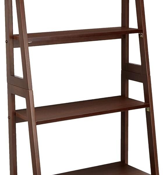 5-Tier Ladder Bookshelf Storage Organizer, Solid Rubberwood Frame, Space-Saving Bookcase, Sturdy Shelves, Walnut Finish, 14" D x 24.8" W x 70.1" H
