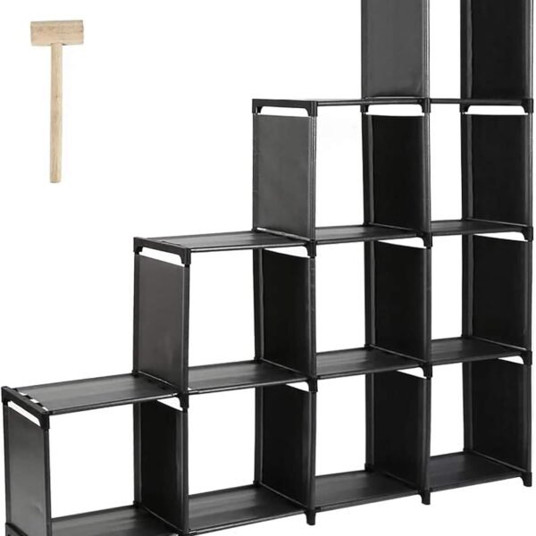 10-Cube Storage Organizer Rack, Staircase Organizer Modular Bookcase, DIY Storage Organizer Closet Shelf, Bookcase in Living Room, Bedroom for Toys and Daily Necessities, Black