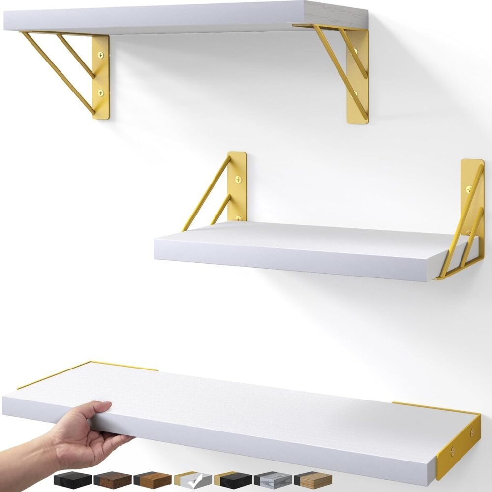 Wall Shelves for Bedroom Decor, Floating Wall Shelves for Living Room Kitchen Storage, Wall Mounted Rustic Wood Shelves for Kids Books,Corner Shelves for Bathroom(White and Gold,Set of 3)