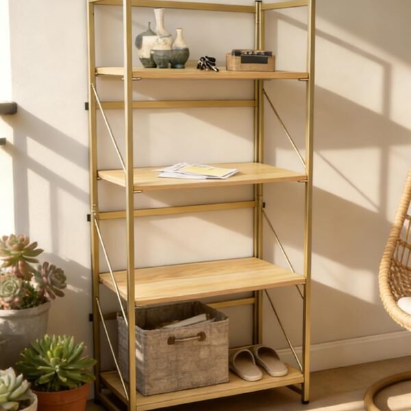 Folding Bookshelf,Multifunctional Foldable Plant Stand Storage Rack Shelves for Home Office, Easy Assembly, 4-Tier,Gold & Nature Wood