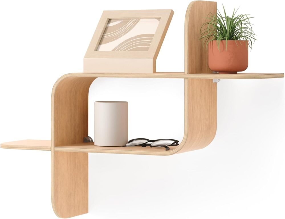 Floating Wall Shelf Display Case, Made of Natural Bent Wood, Natural