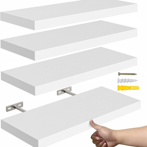 16’’White Floating Shelves for Wall Set of 4,Rustic Wood Shelf for Room Decor/Storage/Display,Small Bookshelf,Wall Mounted Hanging Shelves for Bedroom, Bathroom, Living Room, Kitchen