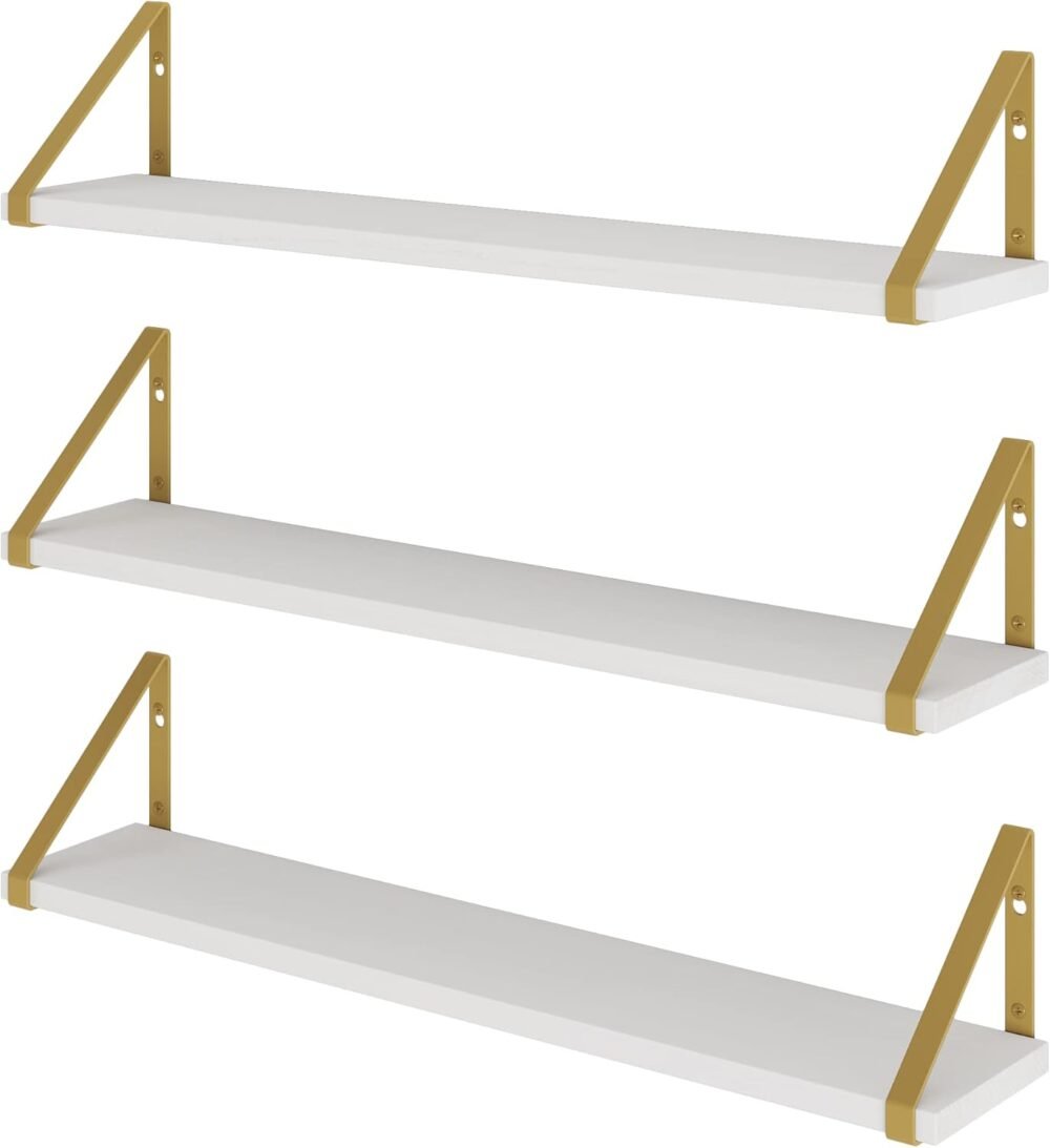 White Floating Wall Shelves with Gold Color Metal Brackets, Living Room, Bedroom, Bathroom, Home Office Decor, Set of 3