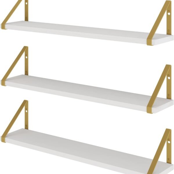 White Floating Wall Shelves with Gold Color Metal Brackets, Living Room, Bedroom, Bathroom, Home Office Decor, Set of 3