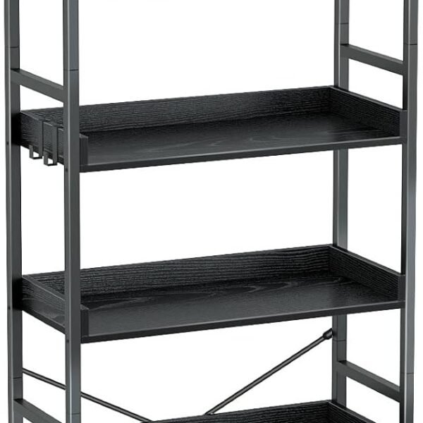 Bookshelf 6 Tier with 4 Hooks, Industrial Wood Bookcase, Vintage Storage Rack with Open Shelves, Rustic Standing Bookshelves Metal Frame Display Rack for Living Room, Bedroom, Black
