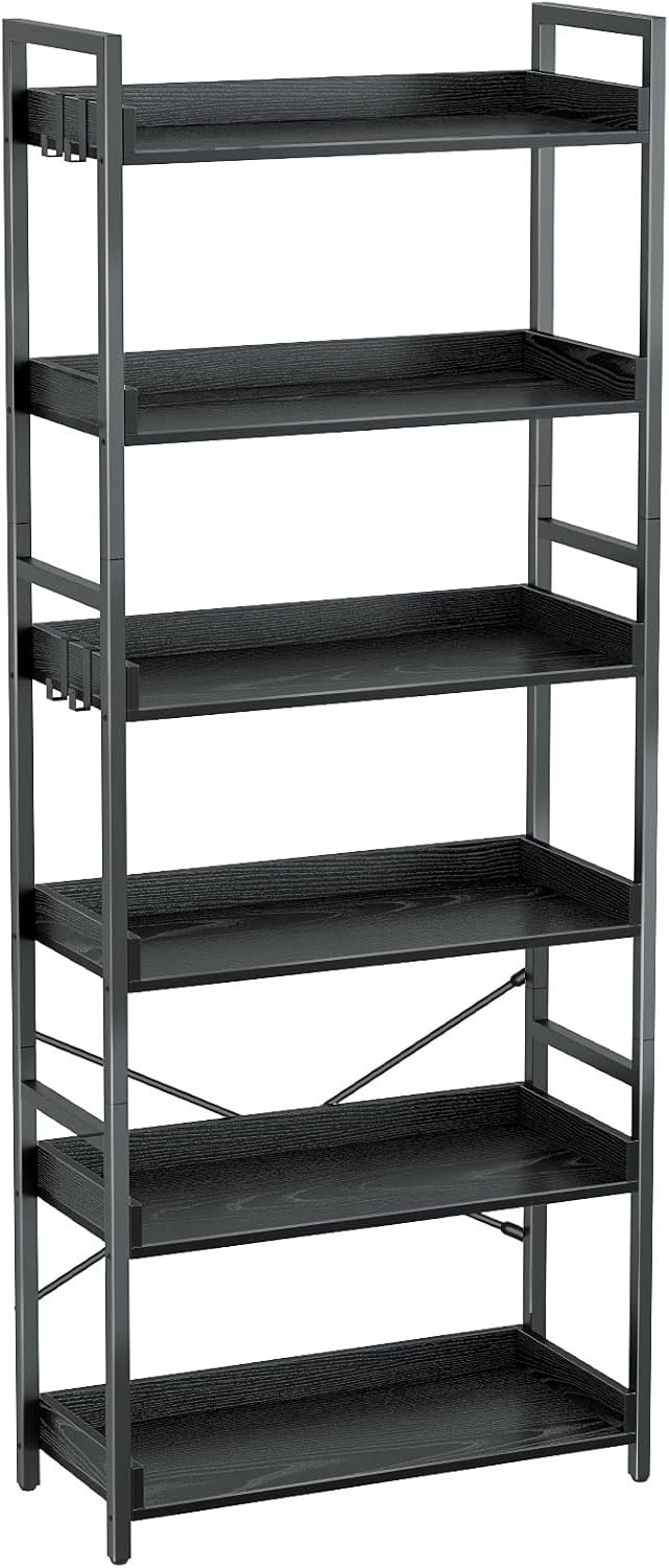 Bookshelf 6 Tier with 4 Hooks, Industrial Wood Bookcase, Vintage Storage Rack with Open Shelves, Rustic Standing Bookshelves Metal Frame Display Rack for Living Room, Bedroom, Black