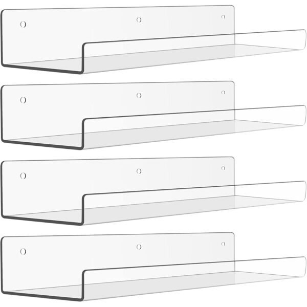 6 Pack Acrylic Shelves for Wall Storage, 15" x 4“ Floating Bookshelves for Kids, Display Shelf Organizer for Bathroom, Bedroom, Living Room, Kitchen, Room Decor, Clear