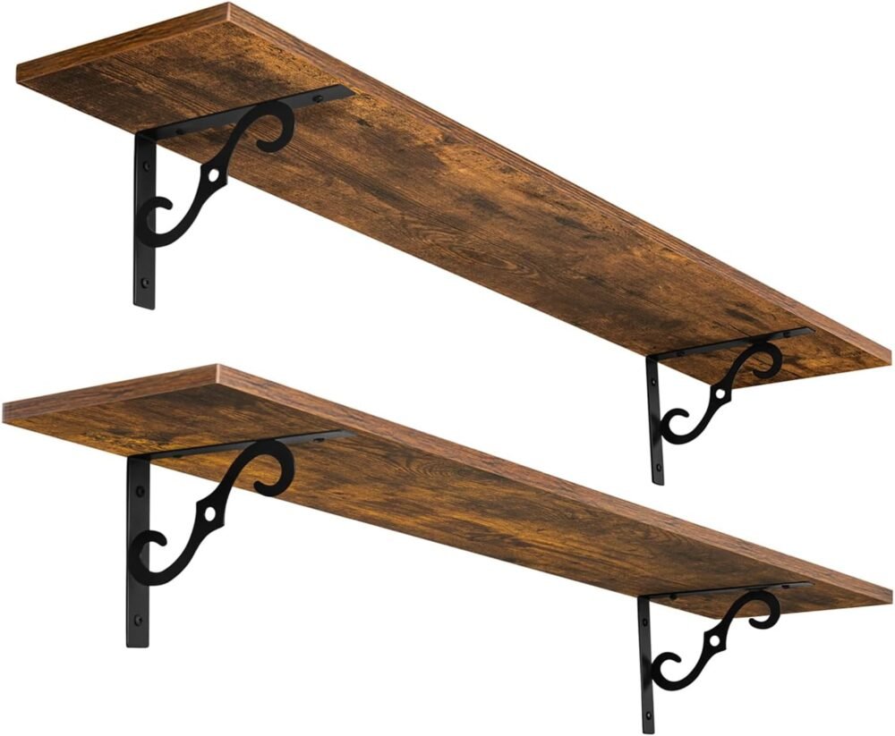 Long Wall Shelves, 39.4" Large Floating Shelves Set of 2, Farmhouse Display Shelf Wall Mounted with Heavy Duty Brackets, Easy Assembly for Kitchen, Bathroom, Bedroom, Balcony, Rustic Brown
