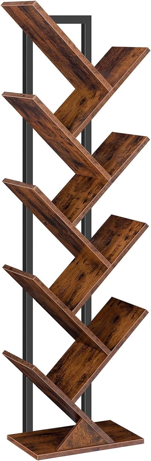 Tree Bookshelf, 9-Tier Bookcase Wooden Shelves, Floor Standing Storage Rack, for Display of CDs, Books in Living Room, Home Office, Wood Storage Rack for Bedroom, Rustic Brown