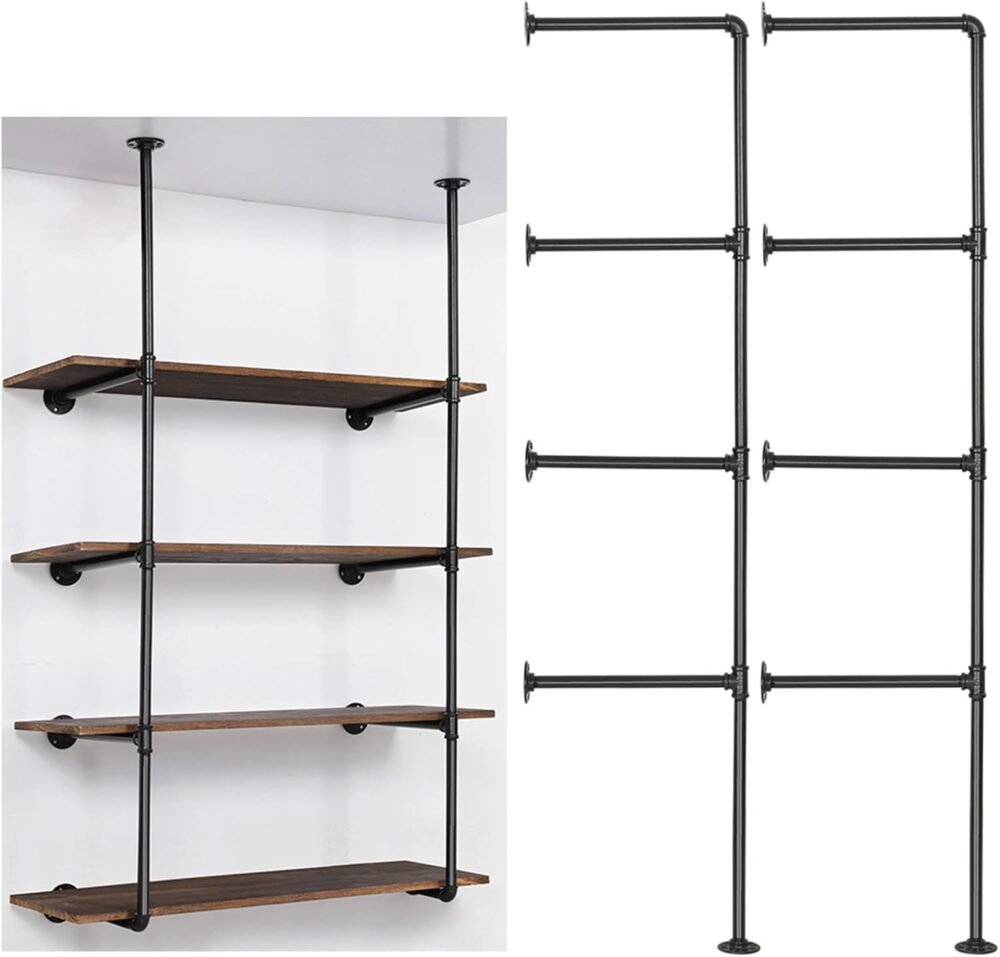 Industrial Wall Mount Iron Pipe Shelf, DIY Open Bookshelf, Retro Storage Shelves Pipe Shelving Hung Bracket (4 Tier X2, Black)