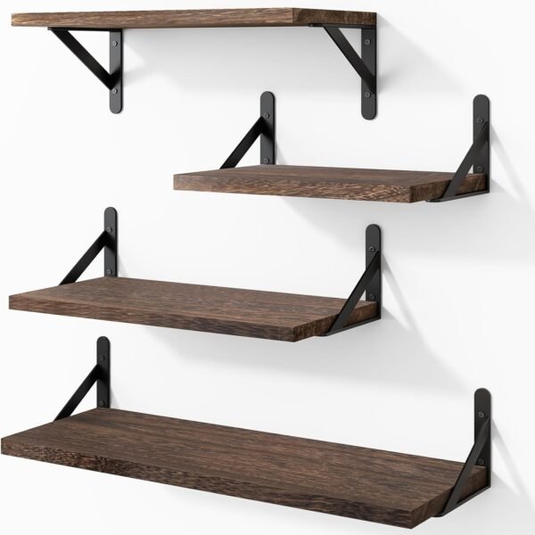 Floating Shelves for Wall, Different Sizes Dark Carbonized Brown Wall Shelves for Living Room, Bathroom, Bedroom, Kitchen, Home Decor (Set of 4)