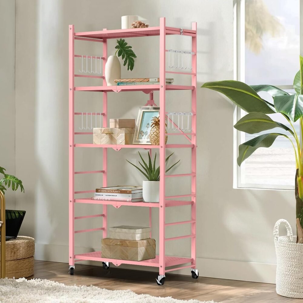 Storage Shelves with 20 Hooks, 5-Tier Foldable Shelves for Storage, Folding Shelf Unit Pantry Shelves with Wheels, Standing Shelving Unit for Kitchen Garage Home Office Room Greenhouse, Pink - Image 2
