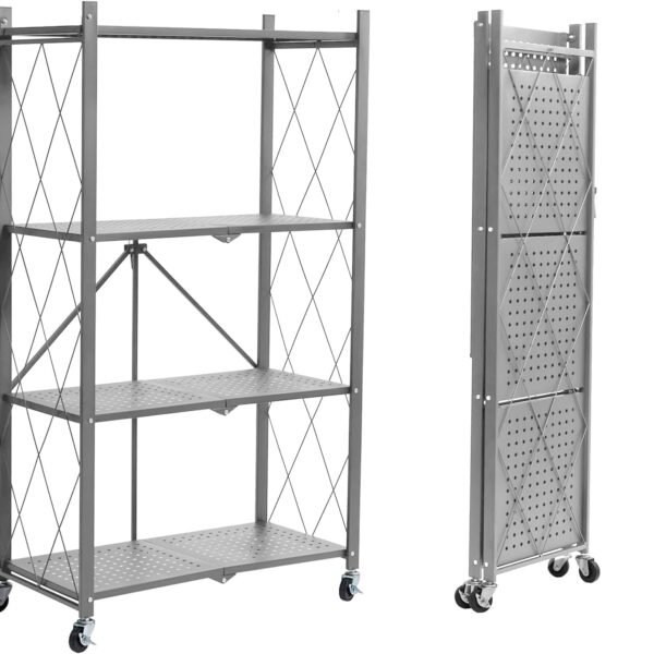 4-Tier Foldable Storage Shelves with Wheels, Folding Metal Rack Shelving Unit, Heavy Duty No Assembly Organizer Shelf for Garage, Kitchen, Basement, Pantry, Gray