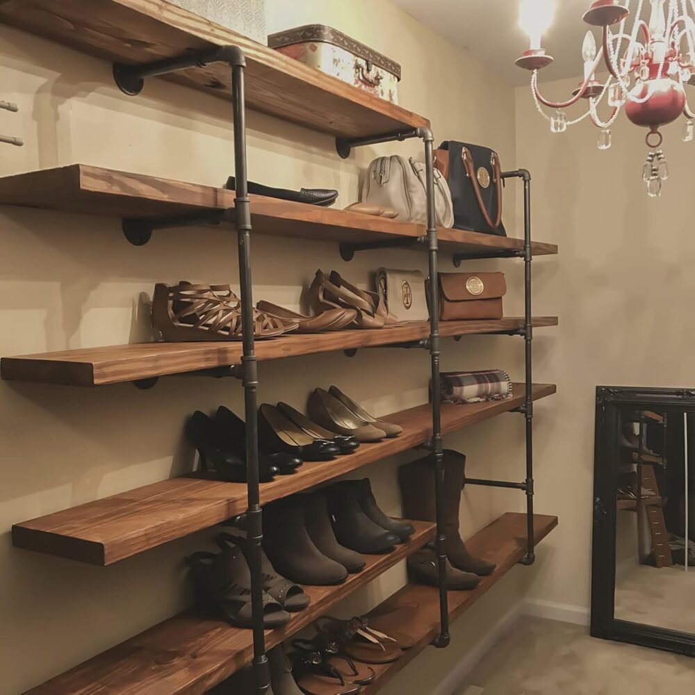 Industrial Iron Pipe Shelves, 3 Set 4-Tier 41.5" Tall 12" Depth, DIY Open Bookshelf Bookcase, Wall Mounted Vintage Retro Shelving, Rustic Farmhouse Pantry Kitchen Storage, Black Shelf Brackets - Image 2