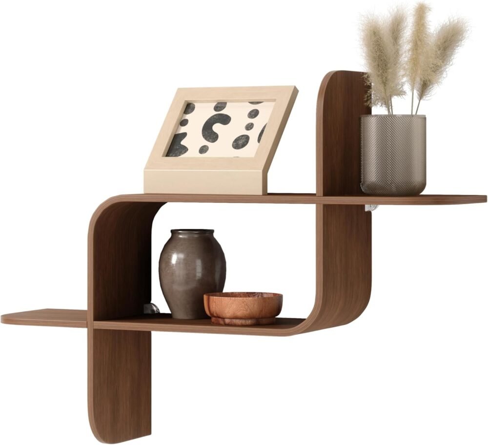 Floating Wall Shelf Display Case, Made of Natural Bent Wood, Light Walnut