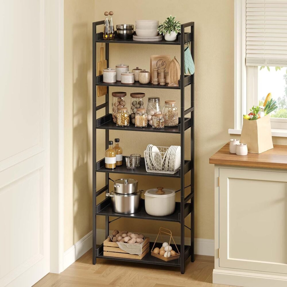 Bookshelf 6 Tier with 4 Hooks, Industrial Wood Bookcase, Vintage Storage Rack with Open Shelves, Rustic Standing Bookshelves Metal Frame Display Rack for Living Room, Bedroom, Black - Image 2