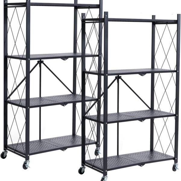 Metal Storage Shelves - 4 Tier Shelving Unit, Folding Display Shelf Racks No Assembly for Vendors and Craft Shows, Black (2Pcs)