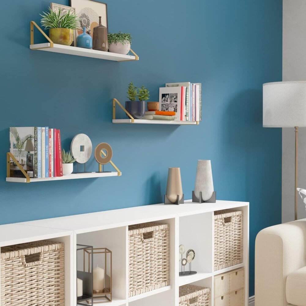 White Floating Wall Shelves with Gold Color Metal Brackets, Living Room, Bedroom, Bathroom, Home Office Decor, Set of 3 - Image 2