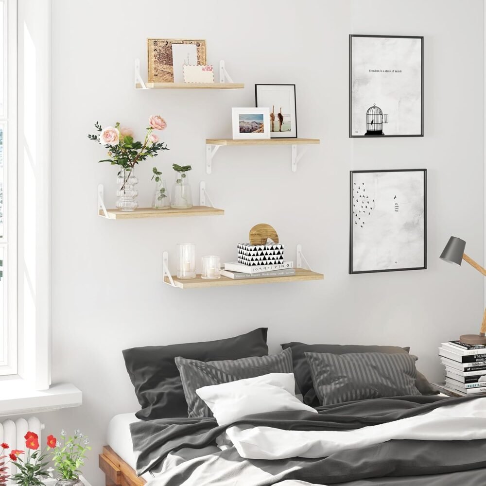 Floating Shelves for Wall, Different Sizes Natural Wood Wall Shelves for Living Room, Bathroom, Bedroom, Kitchen, Home Decor (Set of 4) - Image 2