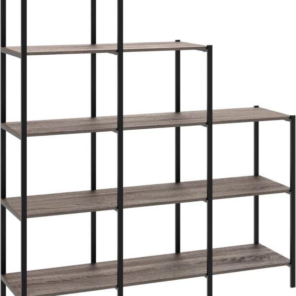 Ladder Step Bookcase, 5 Tier, 7 Shelves, Display Shelf for Living Room or Office, Industrial Black Metal and Wood, Weathered Gray