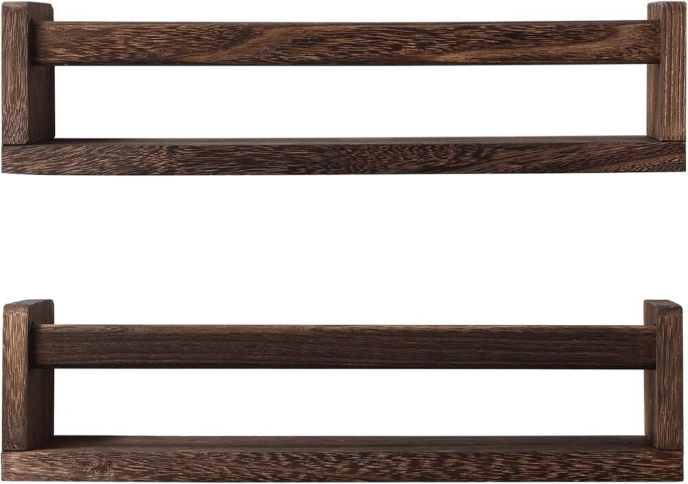 Nursery Book Shelves, Set of 2 Wood Floating Book Shelves for Kids Room, Kitchen Spice Rack, or Rustic Wall Mounted Shelves for Farmhouse Bathroom Décor (Carbon Brown)