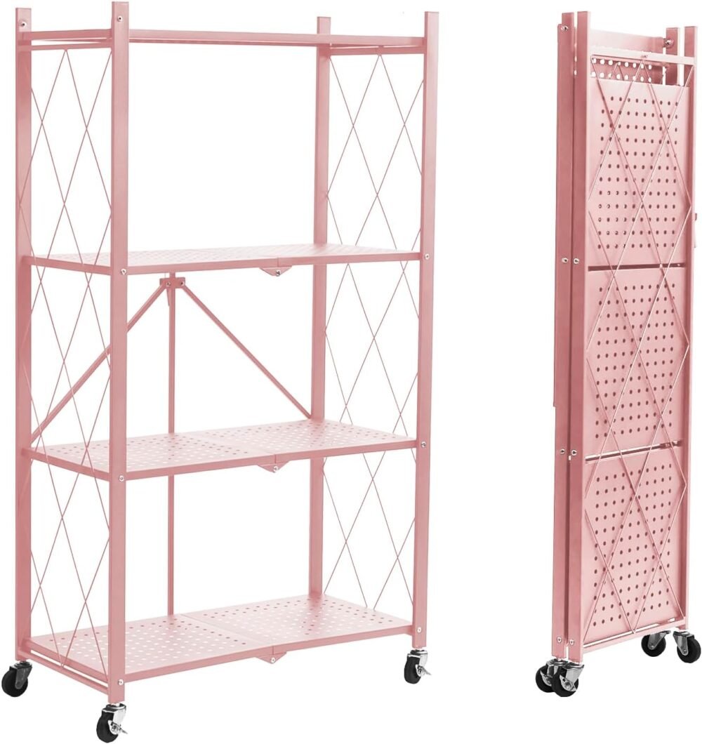 4-Tier Foldable Storage Shelves with Wheels, Folding Metal Rack Shelving Unit, Heavy Duty No Assembly Organizer Shelf for Garage, Kitchen, Basement, Pantry, Pink