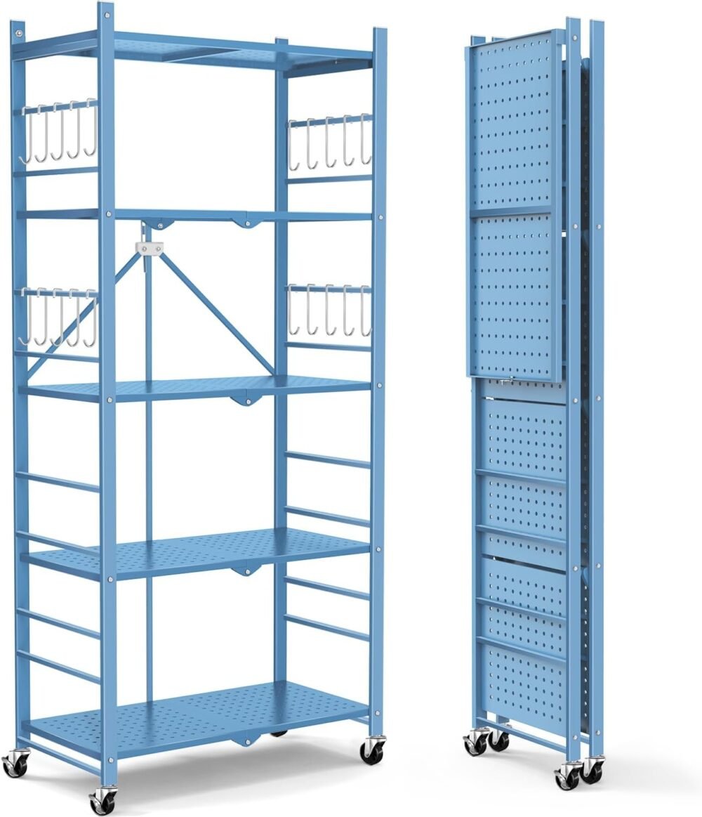 Storage Shelves with 20 Hooks, 5-Tier Foldable Shelf for Storage, Folding Shelf Unit Pantry Shelves with Wheels, Standing Shelving Unit for Kitchen Garage Home Office Room Greenhouse, Blue