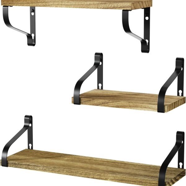 Floating Shelves Wall Mounted Set of 3, Rustic Wood Wall Storage Shelves for Bedroom, Living Room, Bathroom, Kitchen, Office and More Carbonized Black