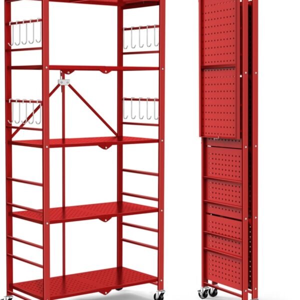 Storage Shelves with 20 Hooks, 5-Tier Foldable Shelves for Storage, Folding Utility Shelf Unit Pantry Shelf with Wheels, Metal Shelving Unit Rack for Garage Christmas Room, Red - No Assembly