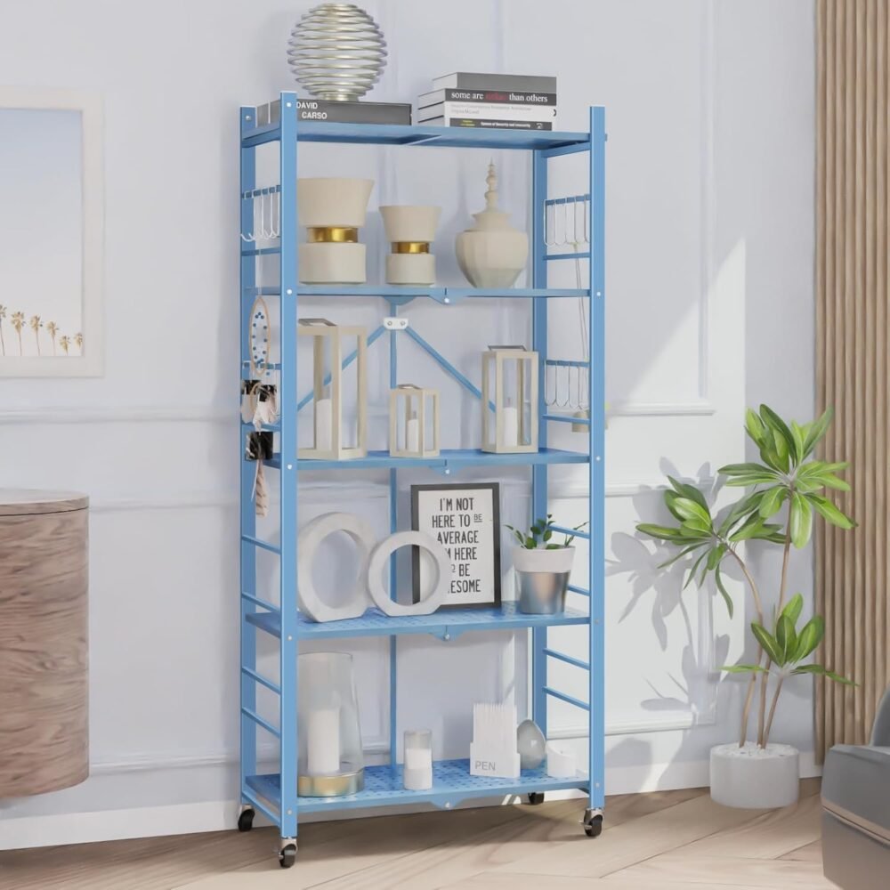 Storage Shelves with 20 Hooks, 5-Tier Foldable Shelf for Storage, Folding Shelf Unit Pantry Shelves with Wheels, Standing Shelving Unit for Kitchen Garage Home Office Room Greenhouse, Blue - Image 2