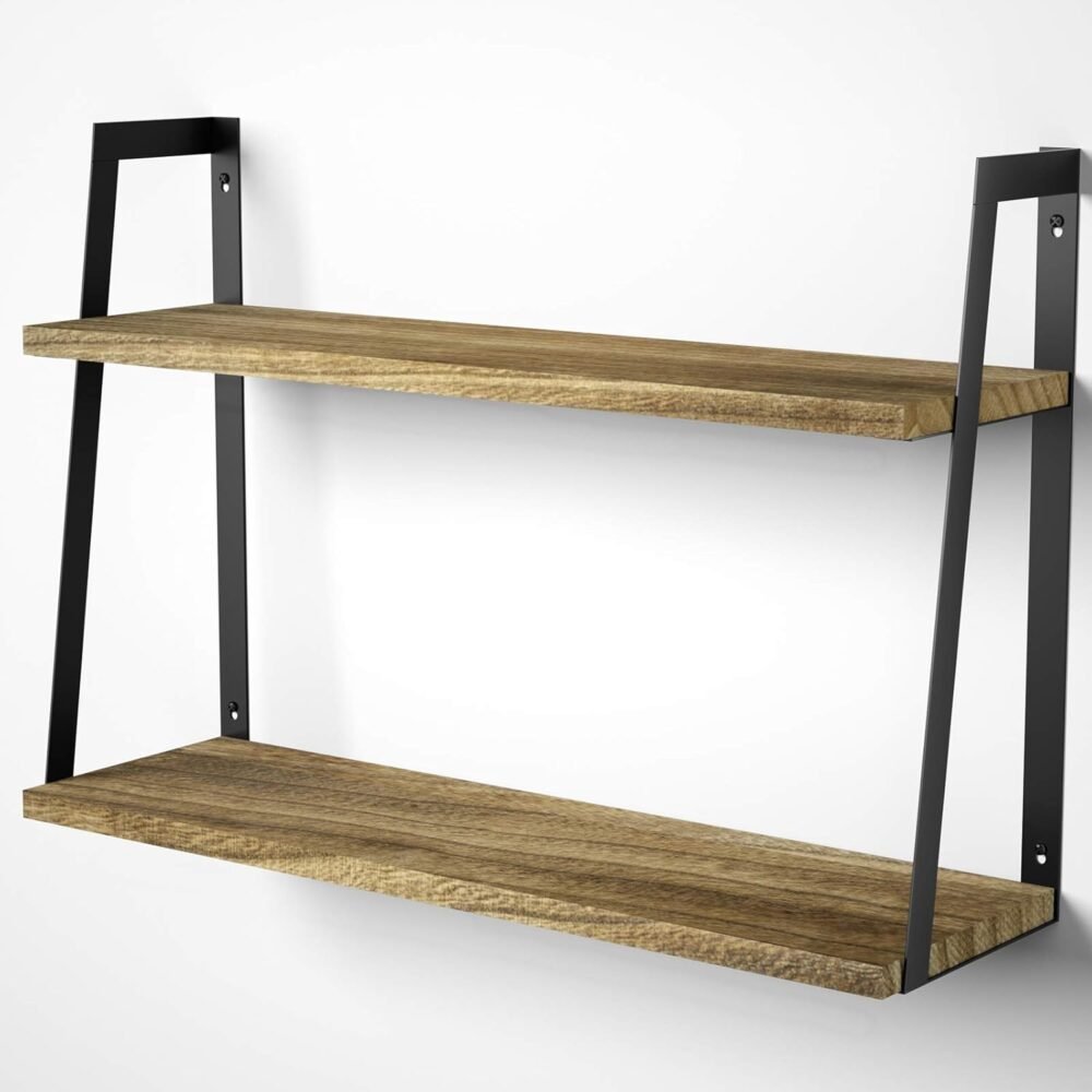 Floating Wall Shelves, 2-Tier Rustic Wood Shelves for Bedoom, Bathroom, Living Room, Kitchen(Carbonized Black)