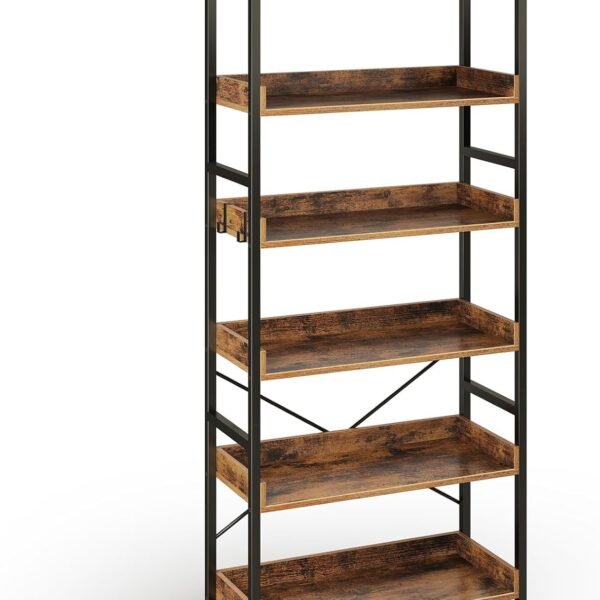 Bookshelf 6 Tier with 4 Hooks, Industrial Wood Bookcase, Vintage Storage Rack with Open Shelves, Rustic Standing Bookshelves Metal Frame Display Rack for Living Room, Bedroom, Rustic Brown