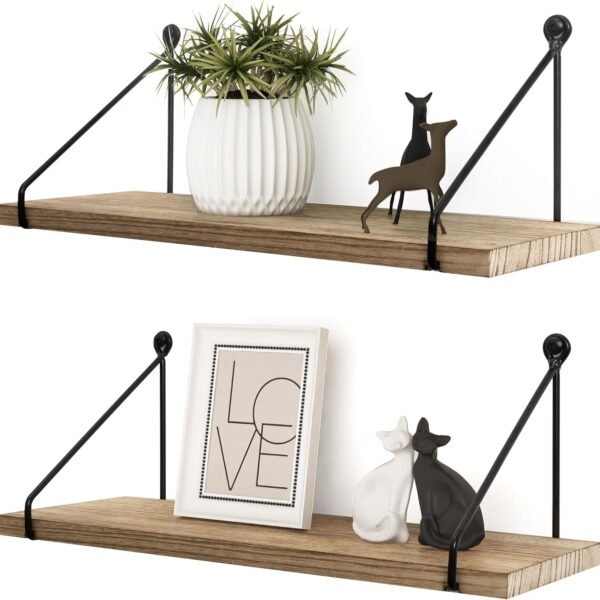 Floating Wall Shelves Rustic Wall Mounted Hanging Shelf Farmhouse Wall Bookshelf for Bathroom Kitchen Dining Living Room Wood Metal Organizers, Set of 2