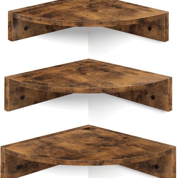 Corner Shelf Wall Mount, Set of 3 Floating Corner Shelves with Cord Hole, 3 Tier Wood Wall Display Shelf, Storage for Bathroom Living Room Kitchen Bedroom, Rustic Brown and Black