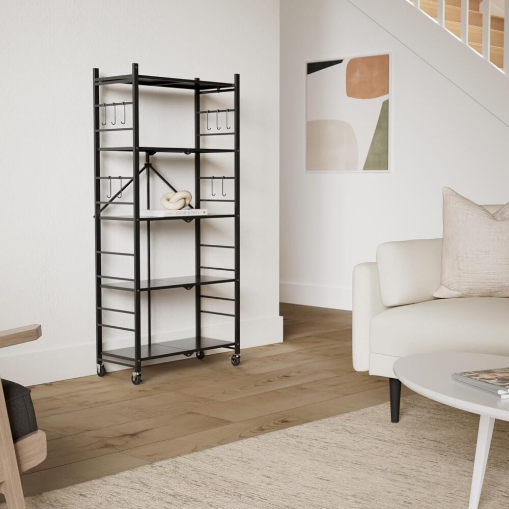 Storage Shelves with 20 Hooks, 5-Tier Collapsible Organization Storage Rack Bookshelf Folding Pantry Shelves Cube Shelf Wire Shelving Holds 440 Ibs for Garage Kitchen Room, Black - Image 2