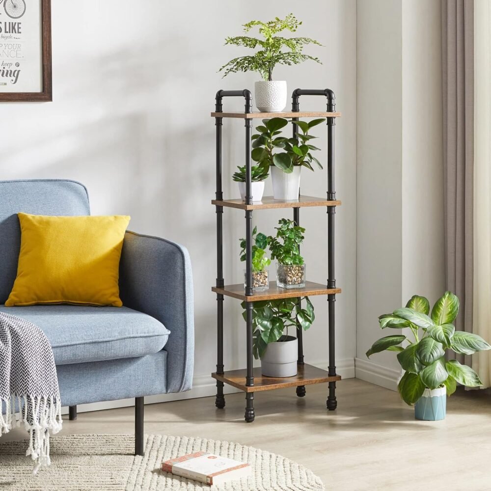 Industrial Pipe Ladder Shelf,4-Tier Vintage Style Book Shelf,Free Standing Units,Display Rack and Storage Organizer for Living Room,Bedroom,Kitchen,Rustic Brown - Image 2