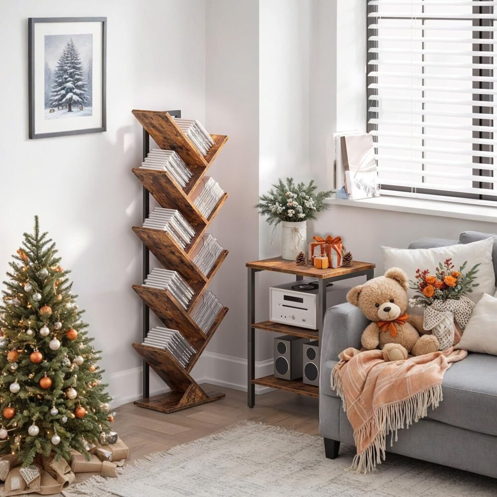 Tree Bookshelf, 9-Tier Bookcase Wooden Shelves, Floor Standing Storage Rack, for Display of CDs, Books in Living Room, Home Office, Wood Storage Rack for Bedroom, Rustic Brown - Image 2